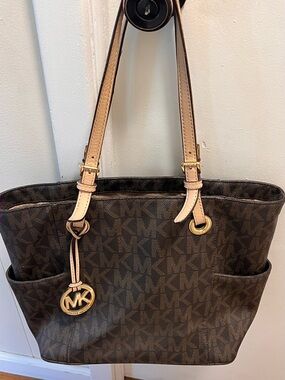 Michael Kors Brown MK Logo Tote with Beige Straps